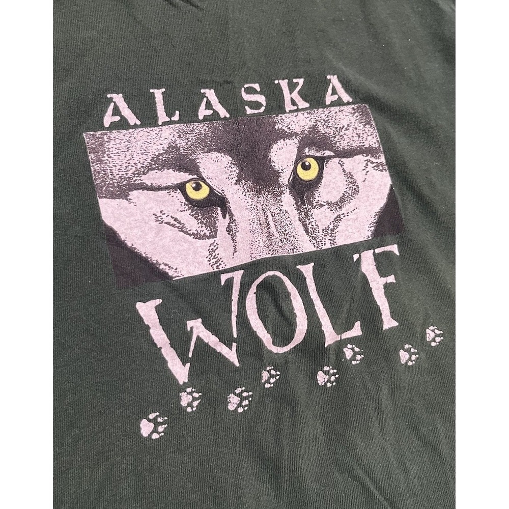 Vintage 90s Alaska Wolf Graphic Tee Single‎ Stitch Shirt Green Youth Large USA - Picture 2 of 5